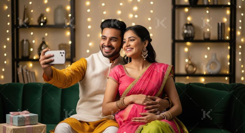 Young indian couple taking selfie with smartphone on diwali fest