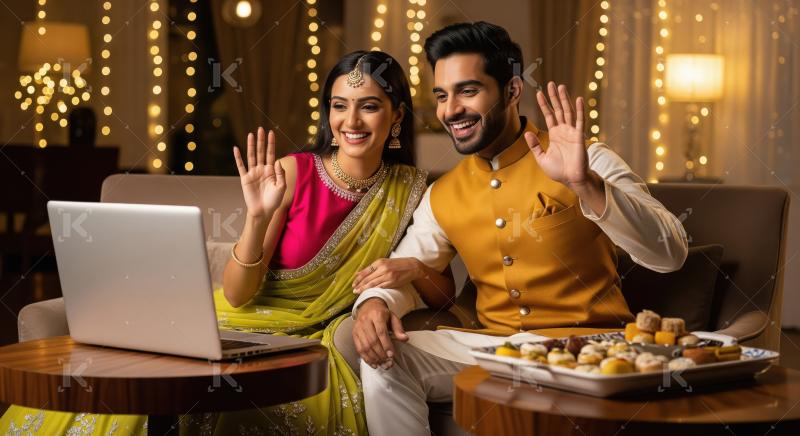 Young indian couple using laptop together on diwali festival
