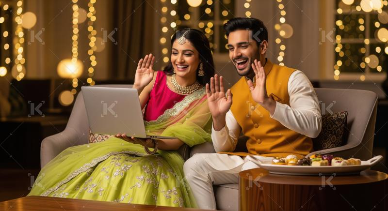 Young indian couple using laptop together on diwali festival