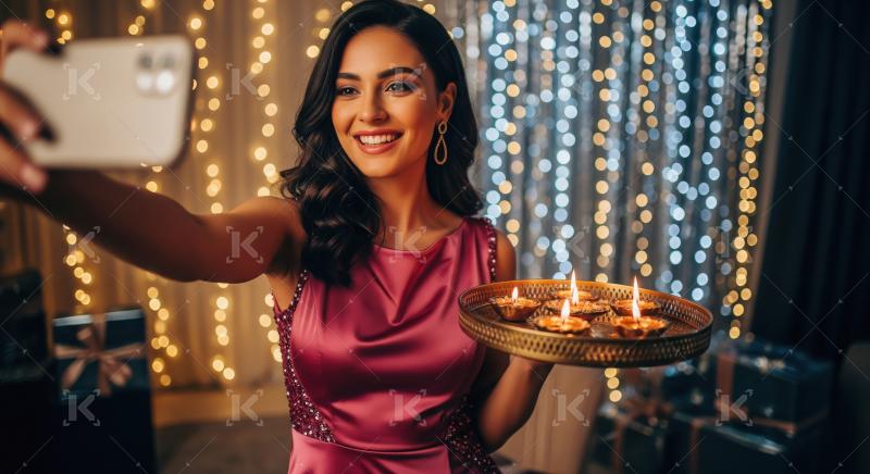 Young indian woman holding oil lamp plate and taking selfie with