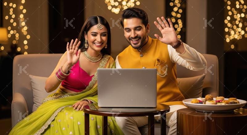 Young indian couple using laptop together on diwali festival