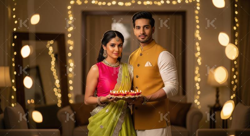 Young indian couple standing together holding oil lamp plate on