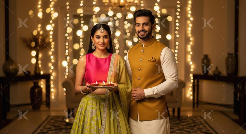 Young indian couple standing together holding oil lamp plate on