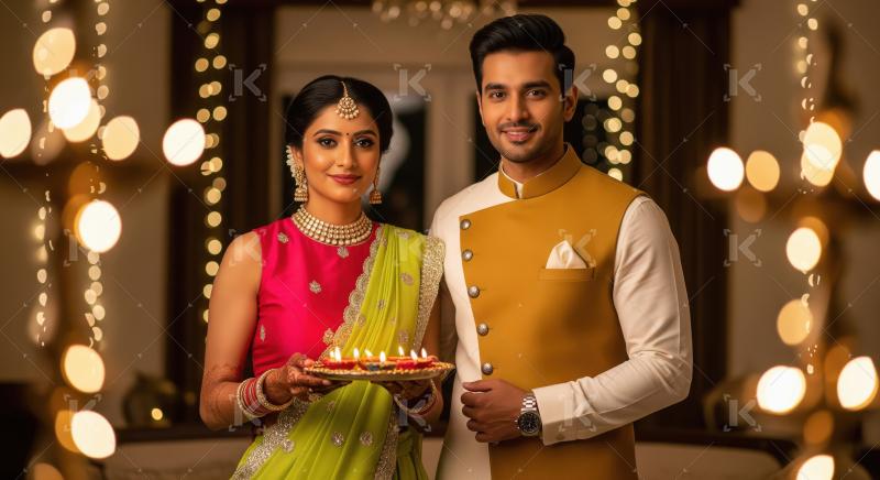Young indian couple standing together holding oil lamp plate on