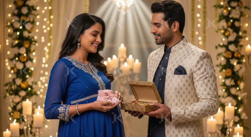 Young indian couple standing together on diwali festival at home
