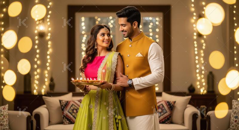 Young indian couple standing together holding oil lamp plate on