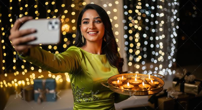 Young indian woman holding oil lamp plate and taking selfie with