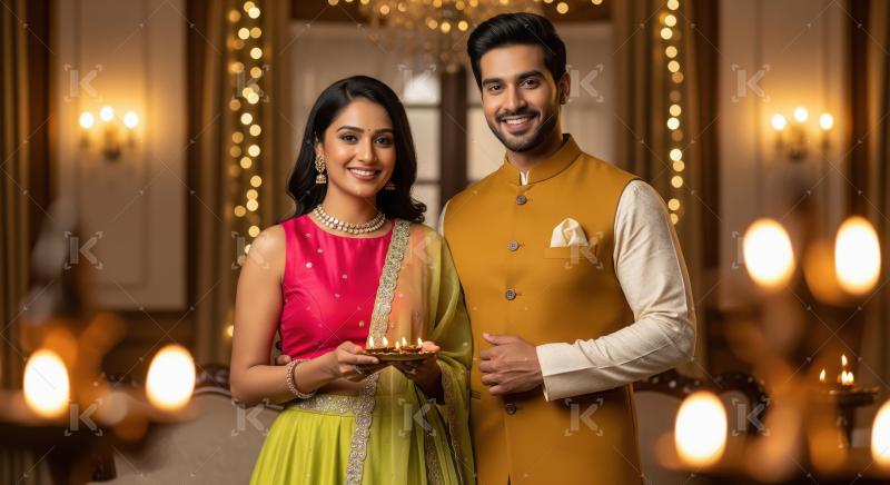 Young indian couple standing together holding oil lamp plate on