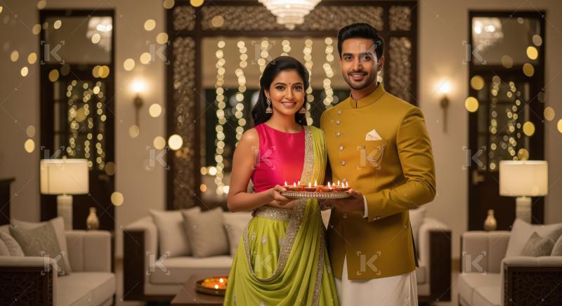 Young indian couple standing together holding oil lamp plate on