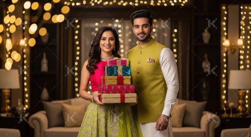 Young indian couple holding gift box and using smartphone togeth
