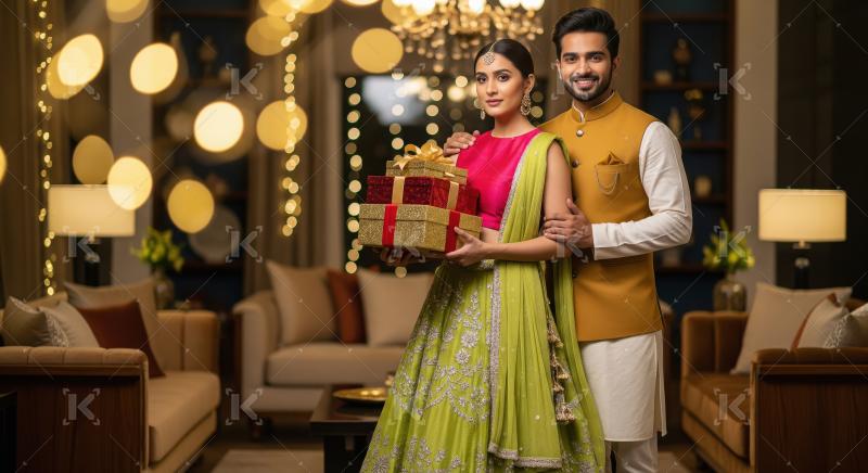 Young indian couple holding gift box and using smartphone togeth