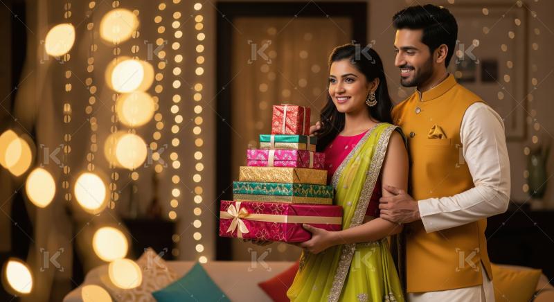 Young indian couple holding gift box and using smartphone togeth