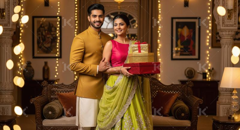 Young indian couple holding gift box and using smartphone togeth