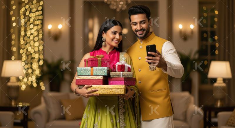 Young indian couple holding gift box and using smartphone togeth