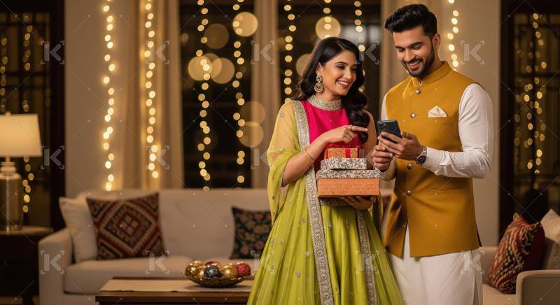 Young indian couple holding gift box and using smartphone togeth