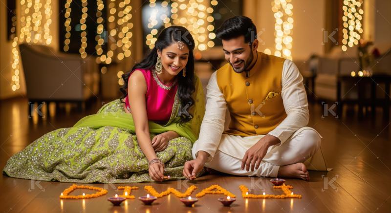 Young indian couple celebrating diwali festival at home sitting