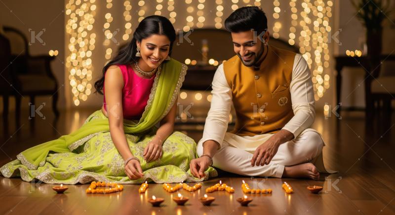 Young indian couple celebrating diwali festival at home sitting