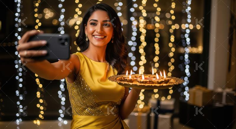 Young indian woman holding oil lamp plate and taking selfie with