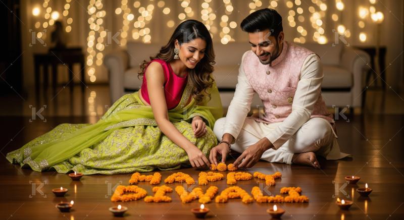 Young indian couple celebrating diwali festival at home sitting