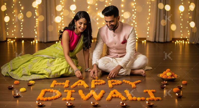 Young indian couple celebrating diwali festival at home sitting