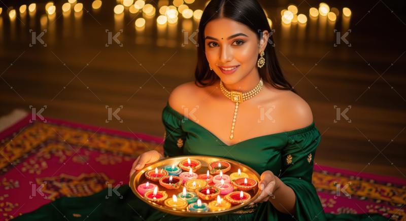 Young indian woman holding oil lamps plate on diwali festival