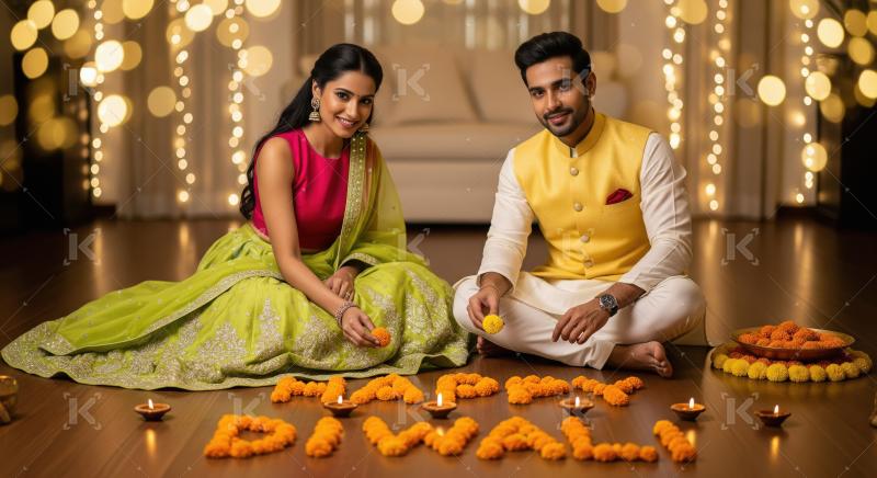 Young indian couple celebrating diwali festival at home sitting