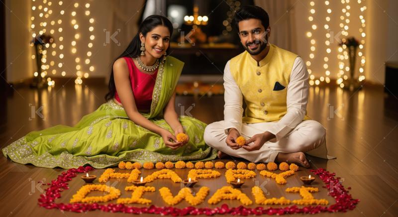 Young indian couple celebrating diwali festival at home sitting