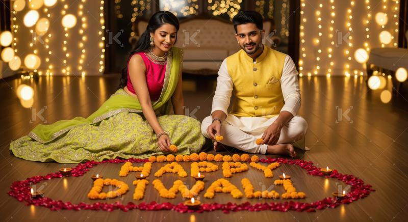 Young indian couple celebrating diwali festival at home sitting