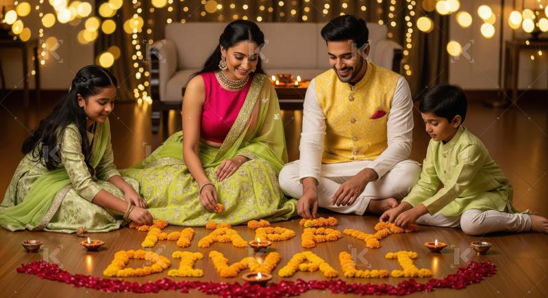 Young indian couple celebrating diwali festival at home sitting