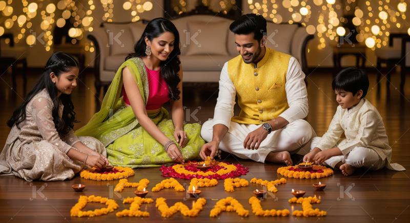 Young indian couple celebrating diwali festival at home sitting
