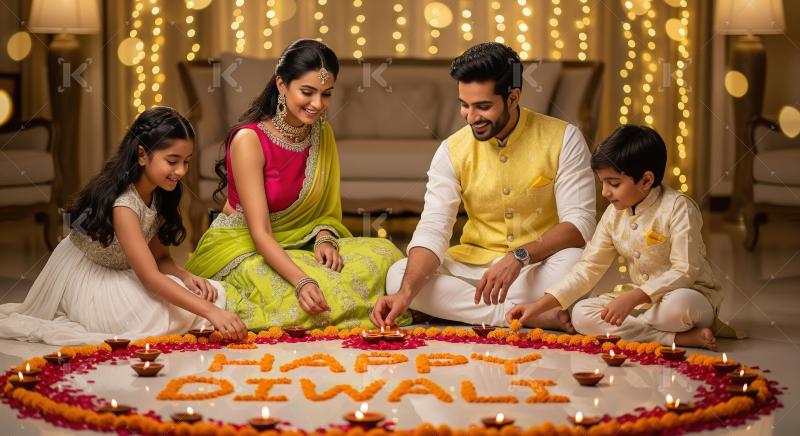 Happy indian family celebrating diwali festival together at home