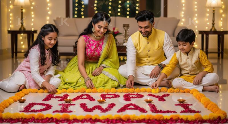 Happy indian family celebrating diwali festival together at home