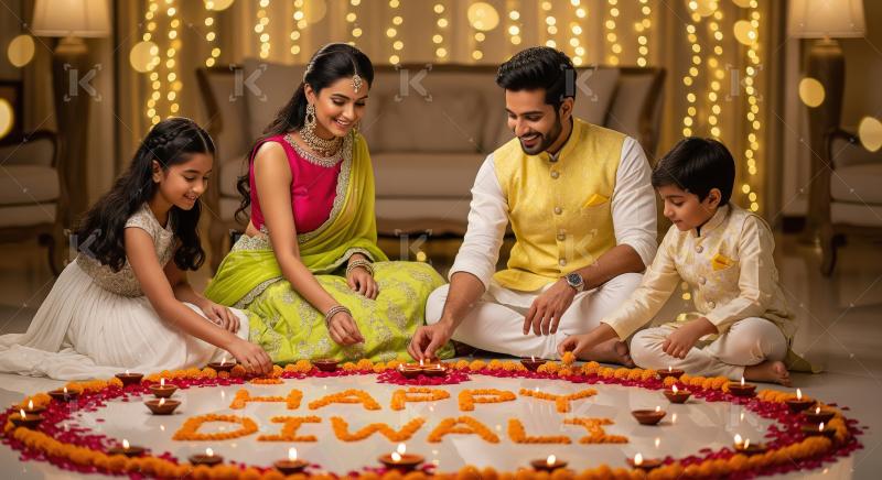 Happy indian family celebrating diwali festival together at home