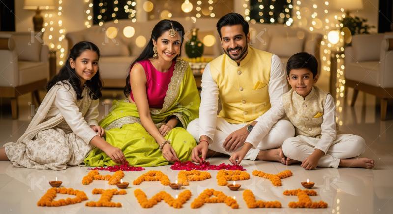 Happy indian family celebrating diwali festival together at home