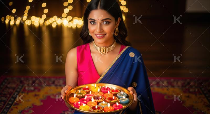 Young indian woman holding oil lamps plate on diwali festival