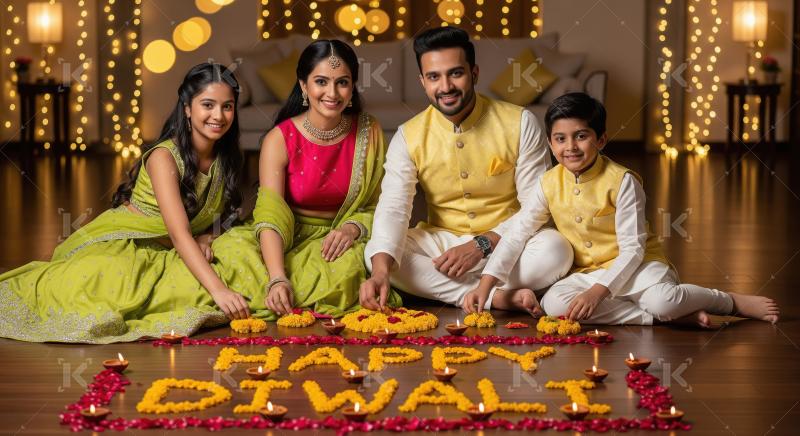 Happy indian family celebrating diwali festival together at home