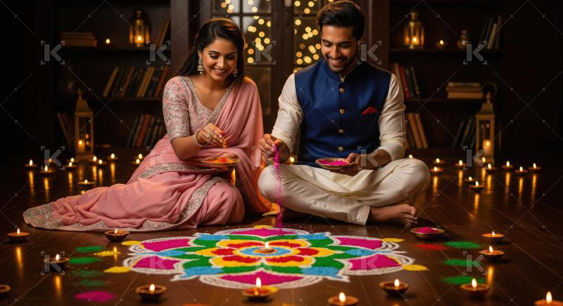 Young indian couple celebrating diwali festival at home sitting