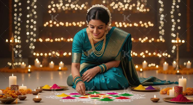 Young indian woman making rangoli on diwali festival at home