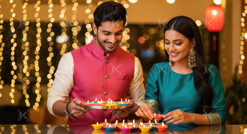 Young indian couple celebrating diwali festival together at home
