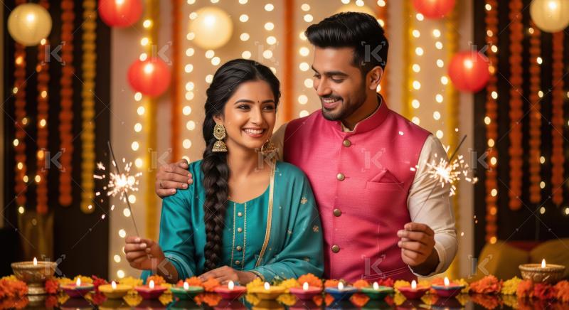 Young indian couple celebrating diwali festival together at home