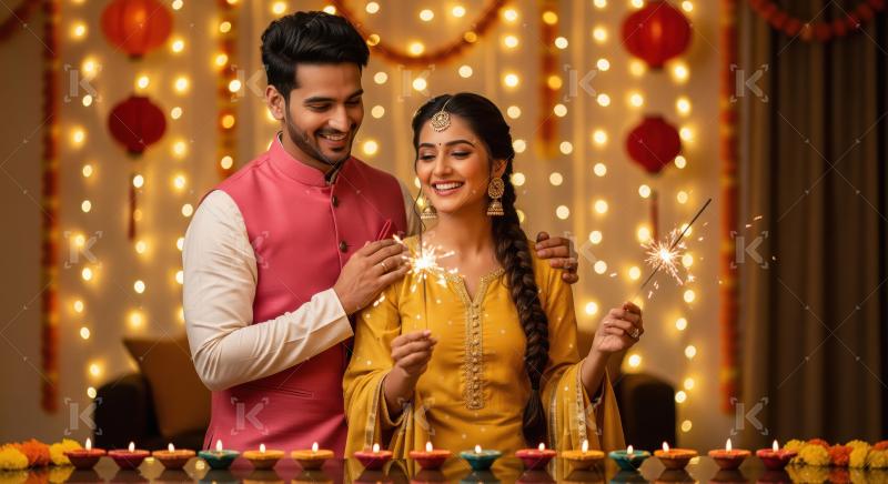 Young indian couple celebrating diwali festival together at home
