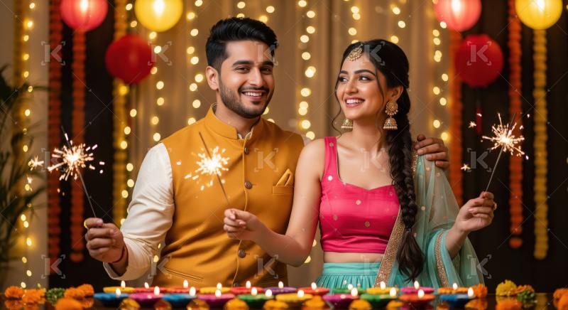 Young indian couple celebrating diwali festival together at home