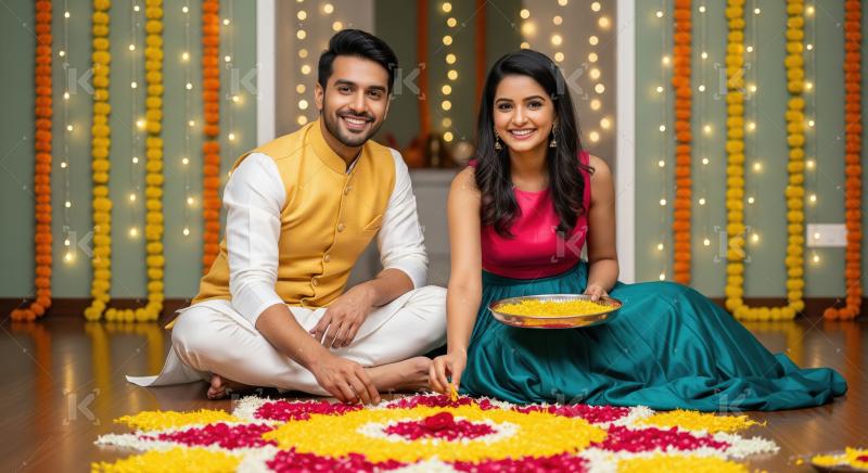 Young indian couple celebrating diwali festival at home sitting