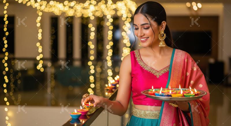 Young indian woman celebrating diwali festival together at home