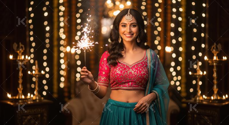 Young indian woman holding sparkler on diwali festival
