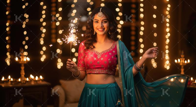 Young indian woman holding sparkler on diwali festival