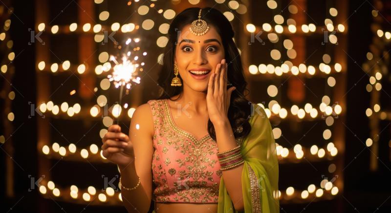 Young indian woman holding sparkler on diwali festival
