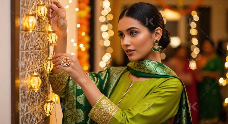 Young indian woman hanging Diwali festival lights at home