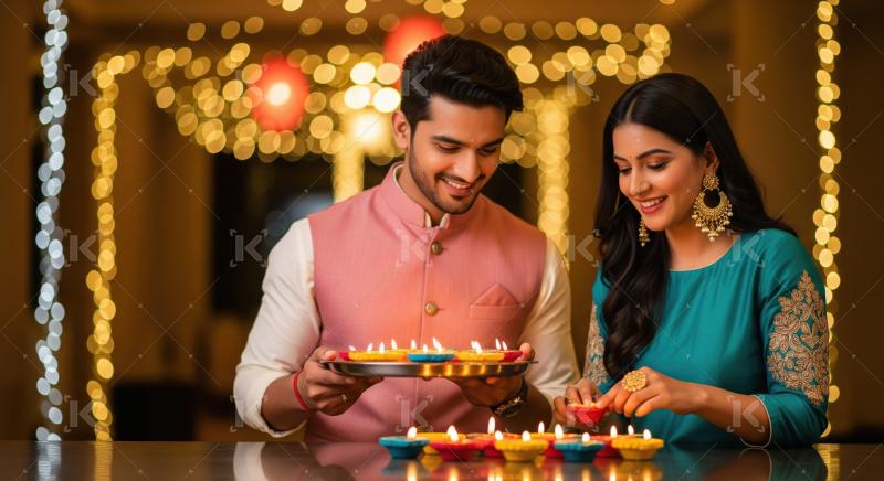 Young indian couple celebrating diwali festival together at home