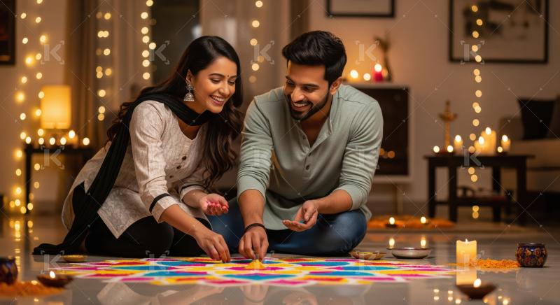 Young indian couple making rangoli together on diwali festival a